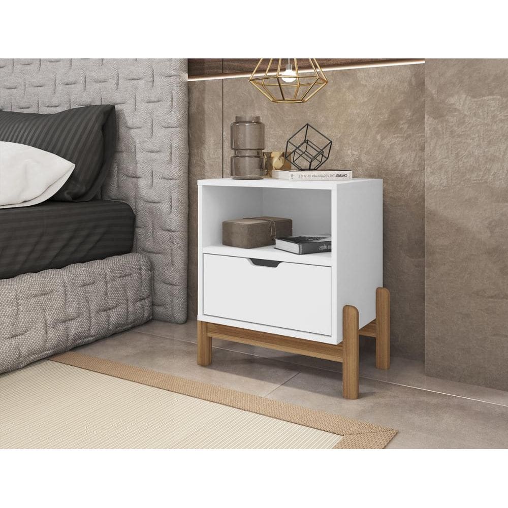 Mesa de Cabeceira c/ Nicho e Gaveteiro porta Itens Aurora Branco