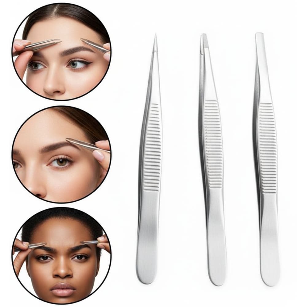 Kit de 3 Pinças Profissionais para Sobrancelha – ponta reta chanfrada e fina