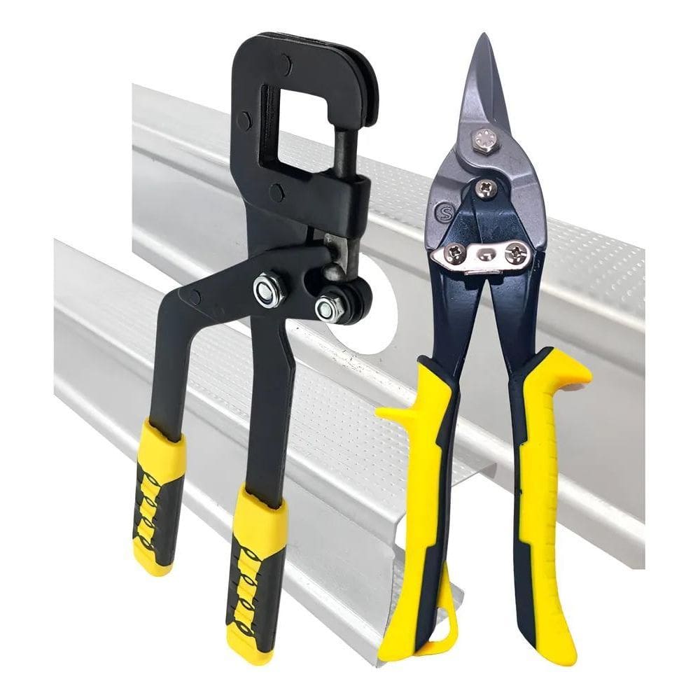 Kit Tesoura Corte Chapa Aviação + Alicate Puncionador Amare