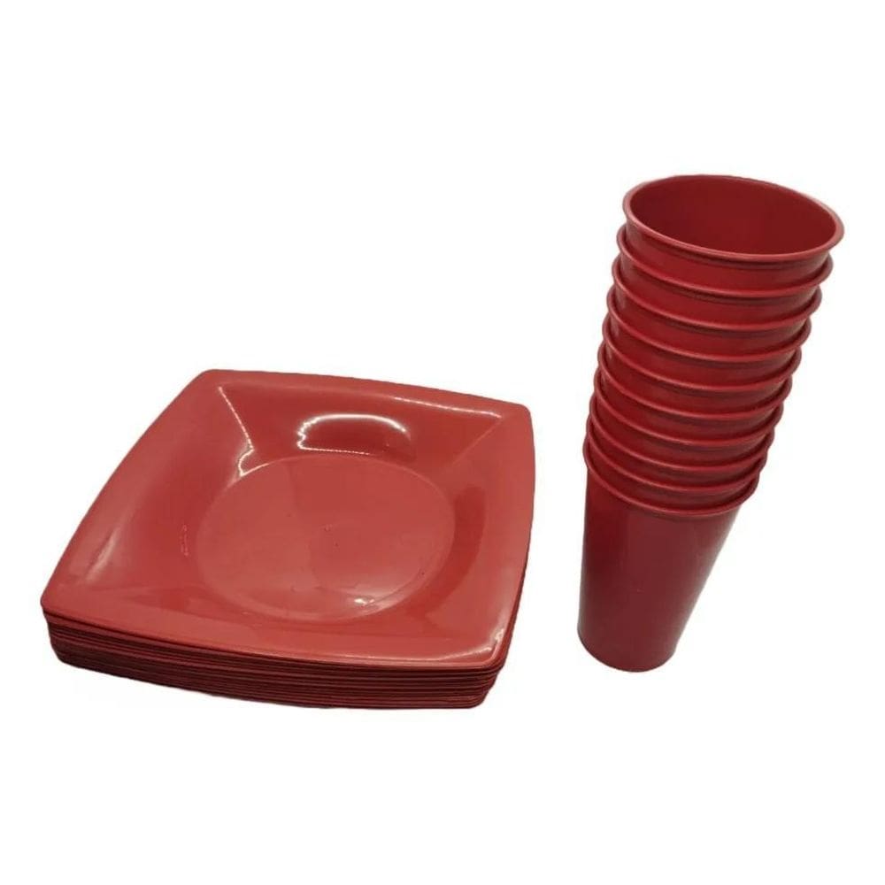 Kit 10 Copos 230Ml + 10 Pratos Quadrados Fundos De Pl Vermel