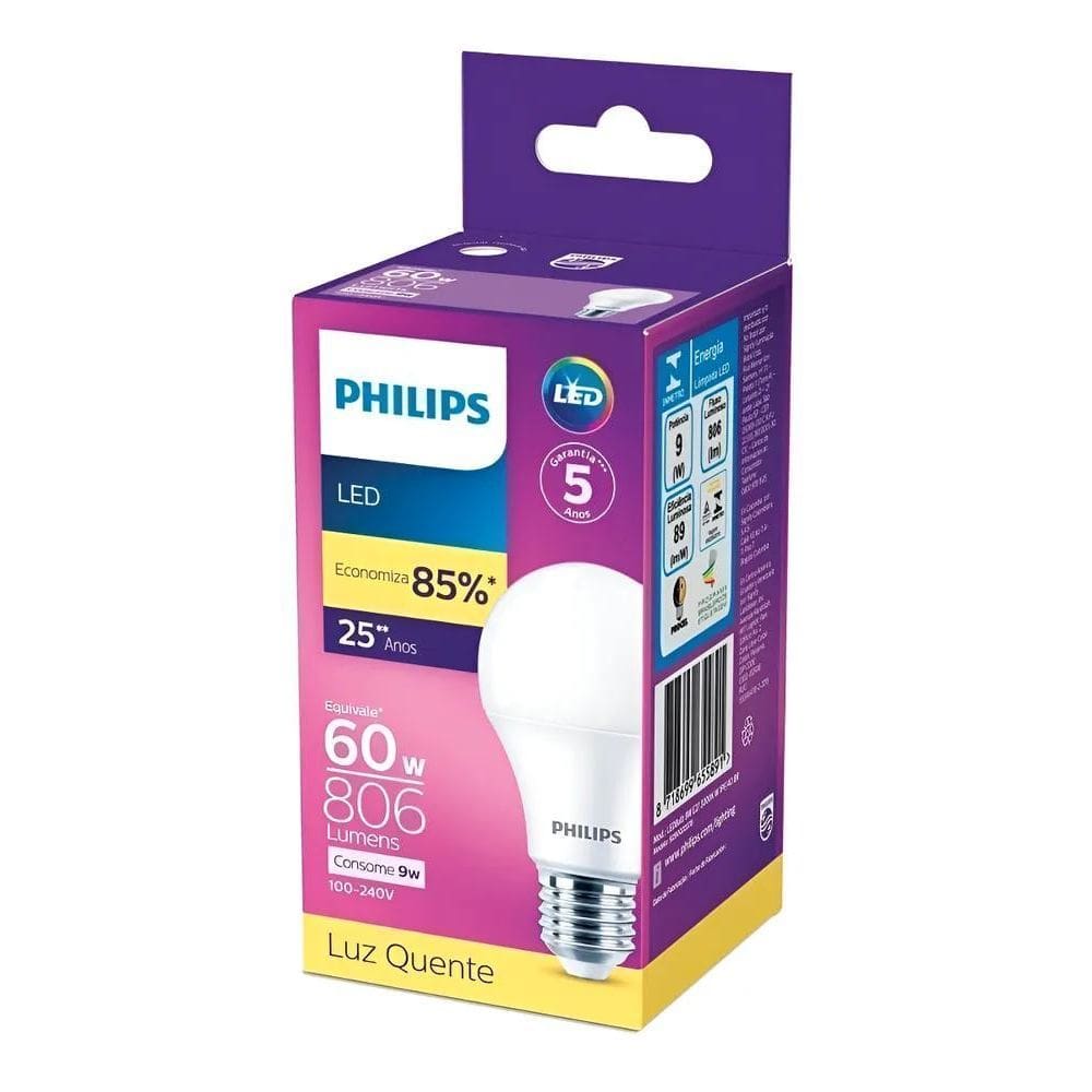 Kit 6 Lampadas Philips Led Bulb 9W E27 3000K W