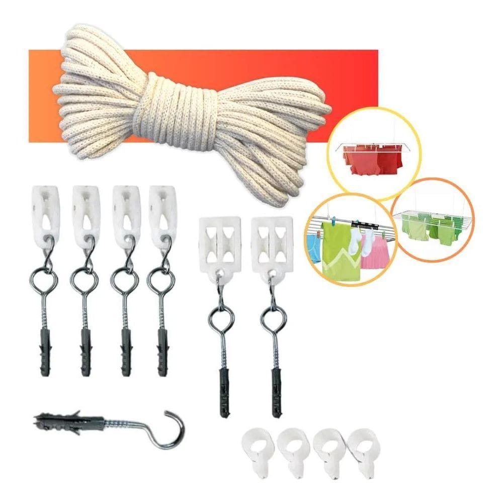 Kit Reposição Varal De Teto Roldanas Com Corda Algodão 15Mt