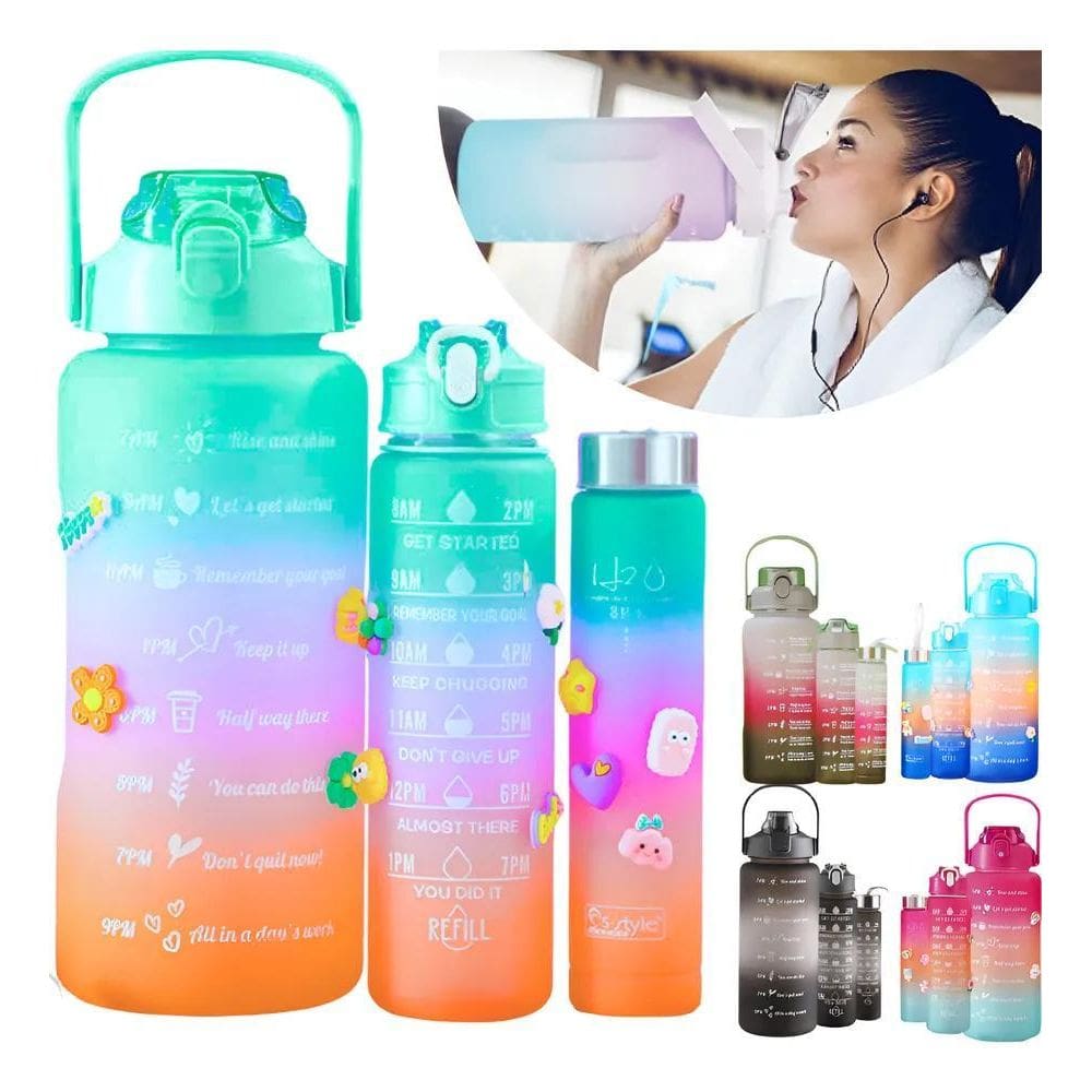 Kit 3 Garrafas Água Academia 2000 900 300Ml Verde Roxo Laran
