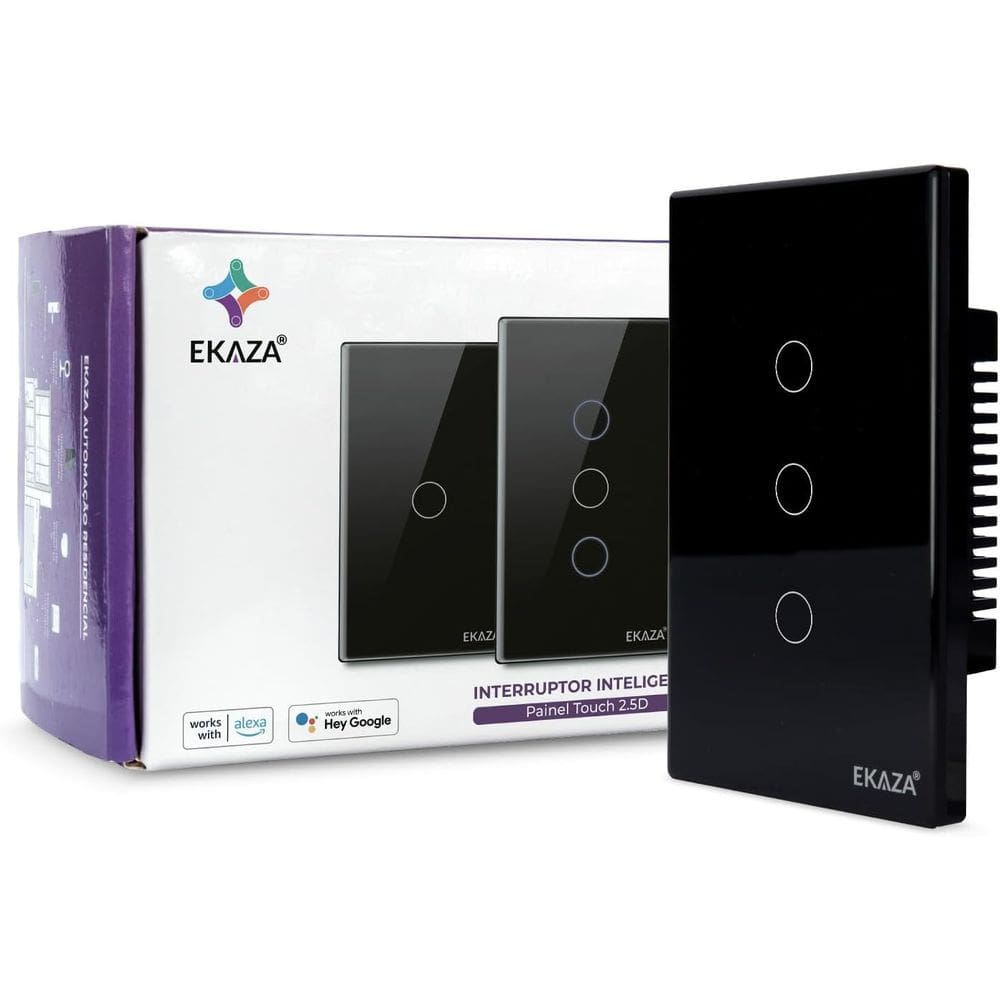 Interruptor Inteligente Wi-F 3 Botões 4x2 PRETO Google home e Alexa EKAZA  EKAT-T307-3P