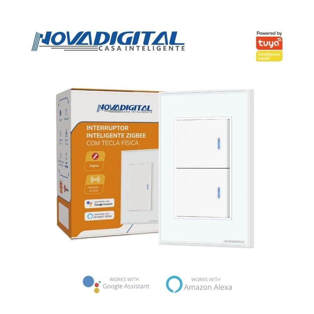 Interruptor tecla Fisica com Led 2 botões Zigbee Branco NovaDigital -NFZB-2-W