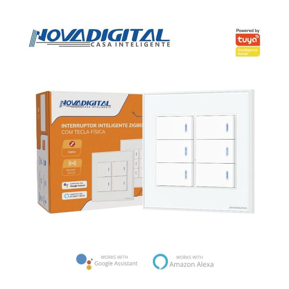 Interruptor Inteligente Zigbee Novadigital 4x4 6 Teclas Físicas Alexa Google Tuya BRANCO NFZB-6-W