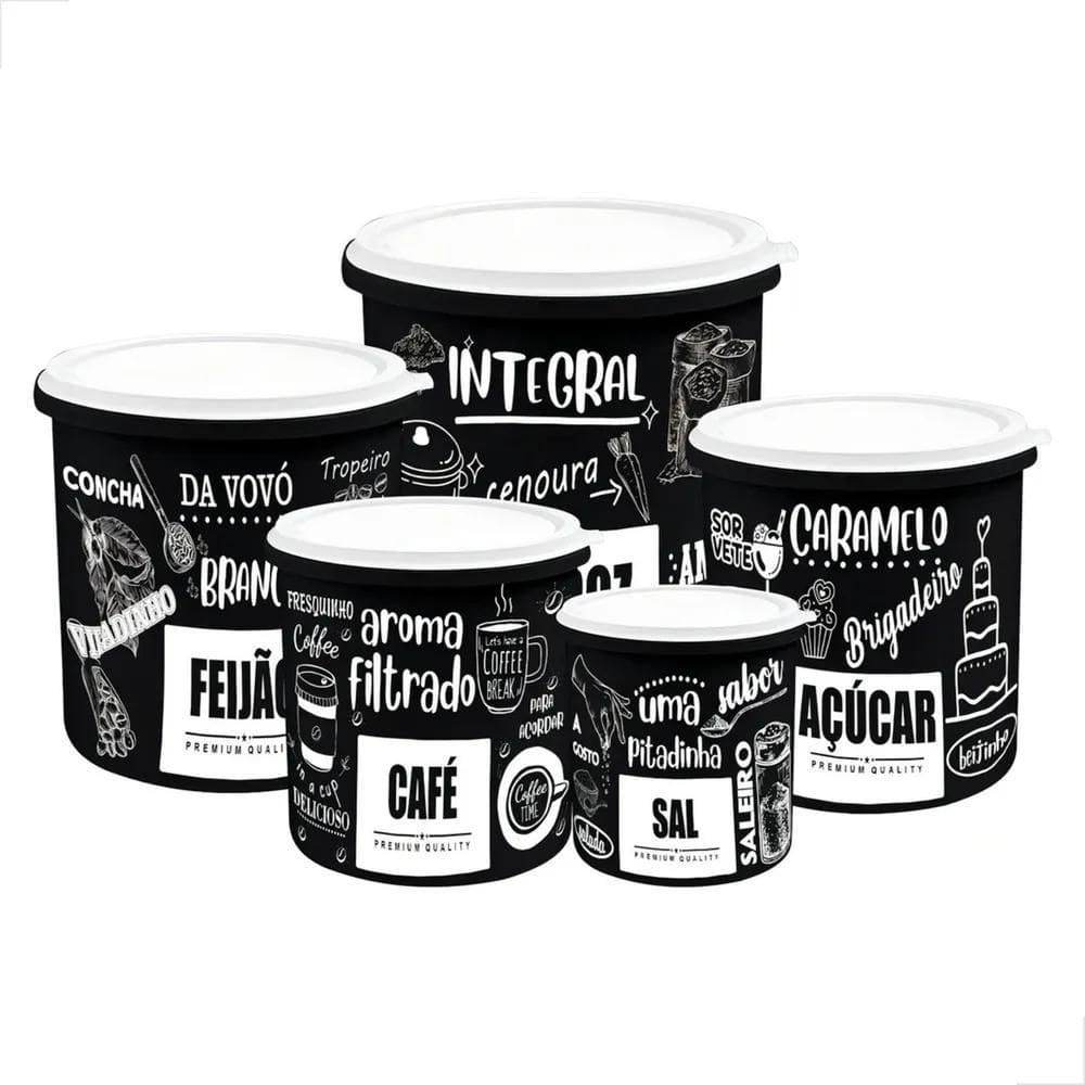 Kit 5 Potes De Mantimentos Plástico Decorado Preto Frases