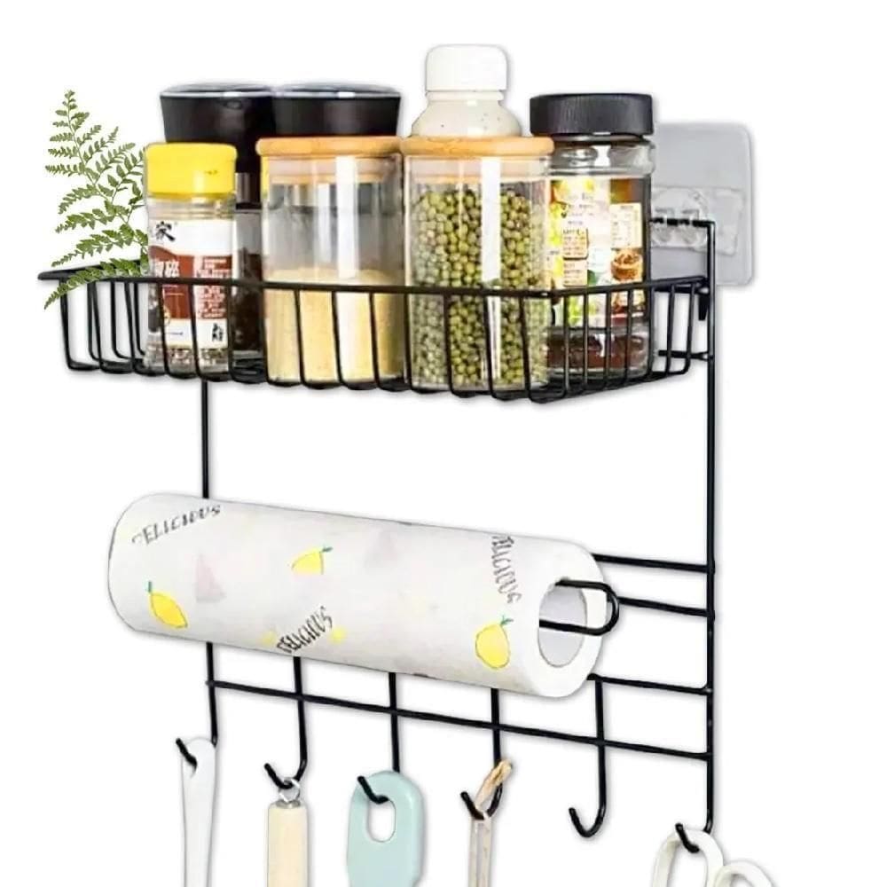 Suporte Organizador Parede Cozinha Metal Prateleira Porta Papel Toalha Duplo Ganchos Multiuso