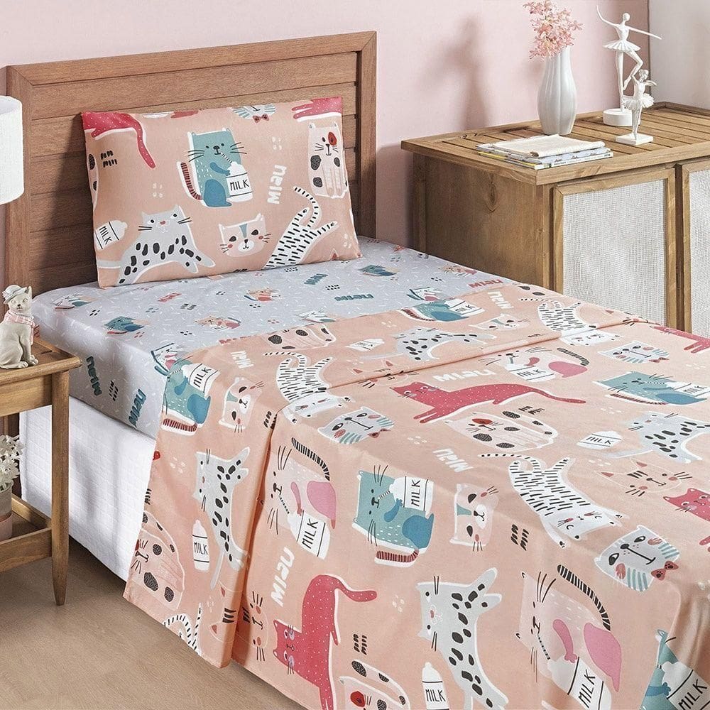 Jogo De Cama Lençol Bouti Infantil Kids Solteiro 03 Peças 100% Poliéster - Gatinha