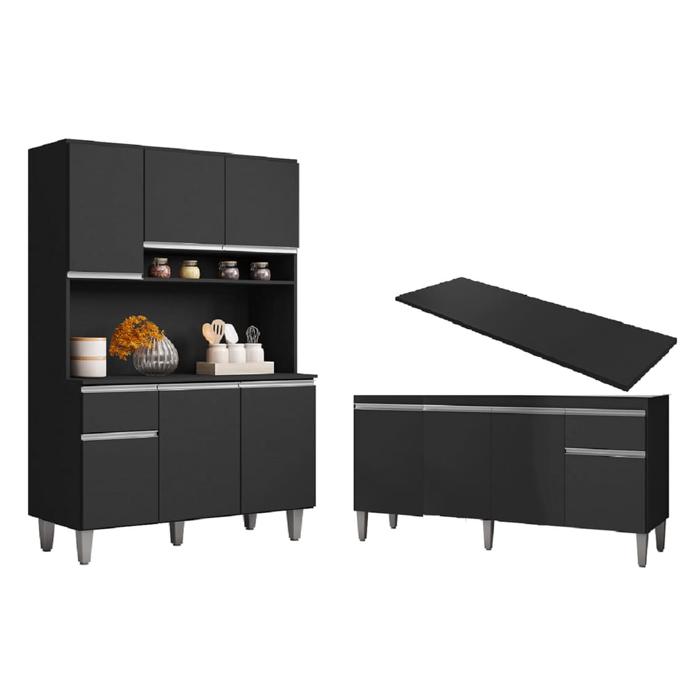 Cozinha Compacta Márcia com Balcão Tati 150m C/Tampo MDP Preto - AJL