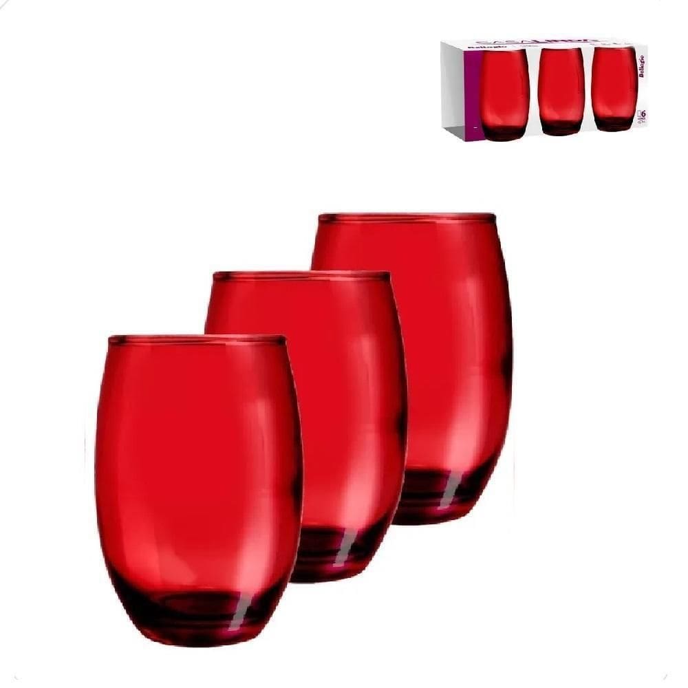 Kit 3 Copos Vermelho Jogo Vidro 475ml Bebidas Agua Suco Drink Casa Bar Restaurante Conjunto Luxo