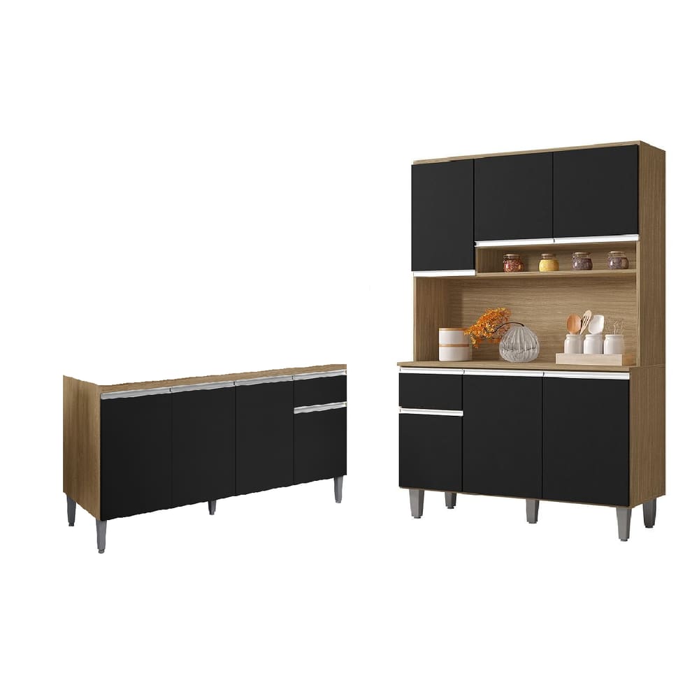 Cozinha Compacta Márcia com Balcão Gabinete Tati 150m para Pia Sem Tampo Amêndoa/Preto - AJL