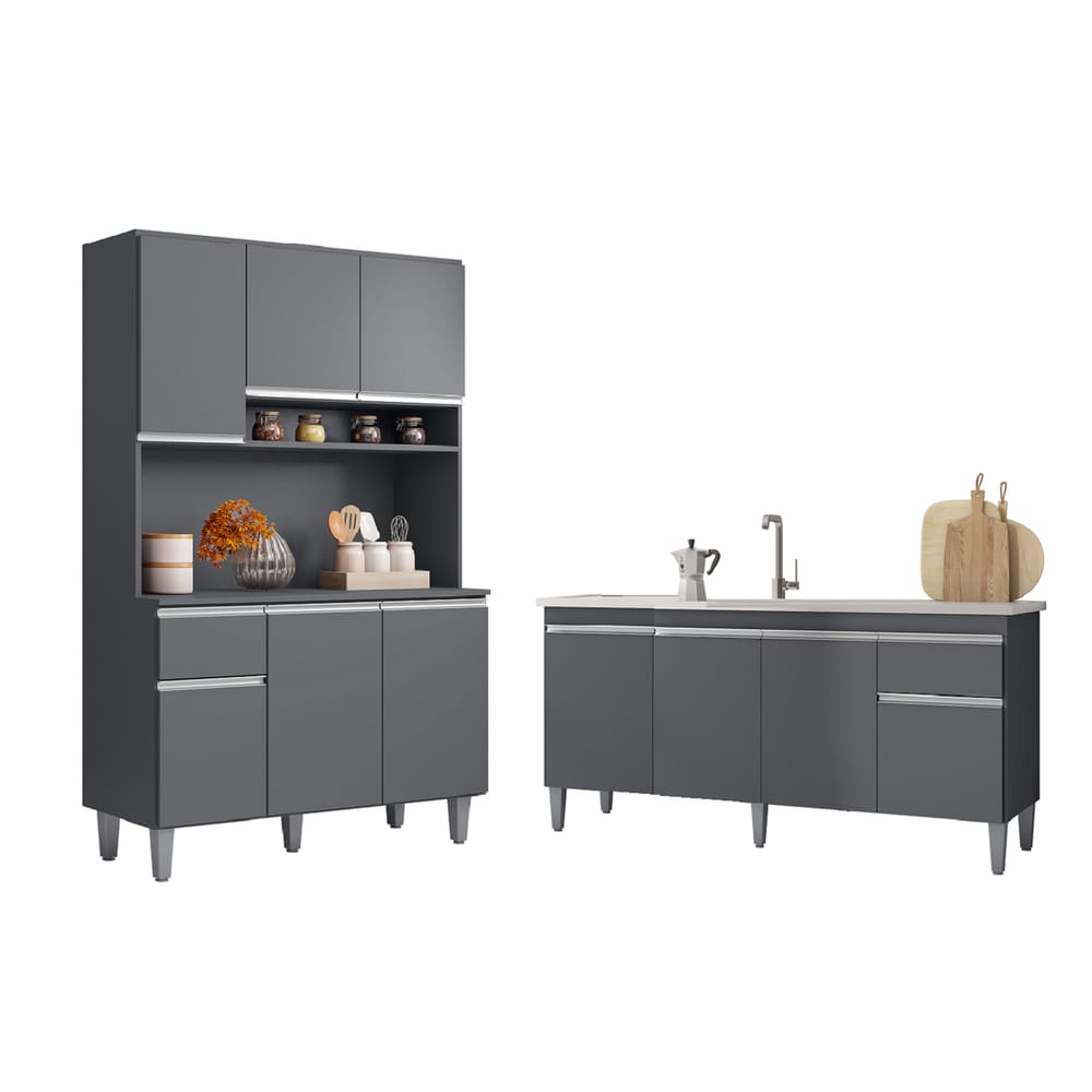 Cozinha Compacta Márcia com Balcão Gabinete Tati 150m para Pia Sem Tampo Cinza - AJL