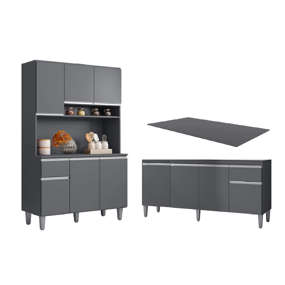 Cozinha Compacta Márcia com Balcão Tati 150m C/Tampo MDP Cinza - AJL