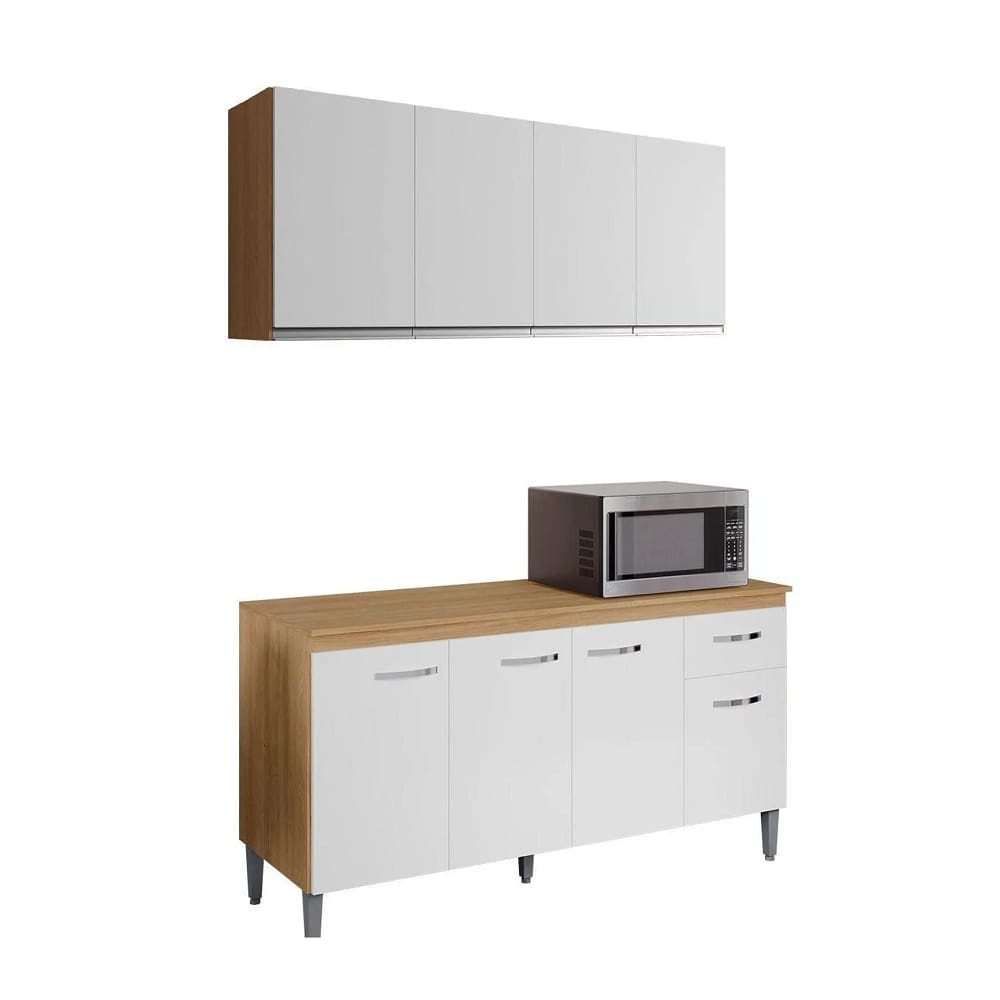 Jogo de Cozinha 150m com Aéreo Andréia e Balcão Gabriela Para Pia C/Tampo em MDP - Amendoa/Branco AJL