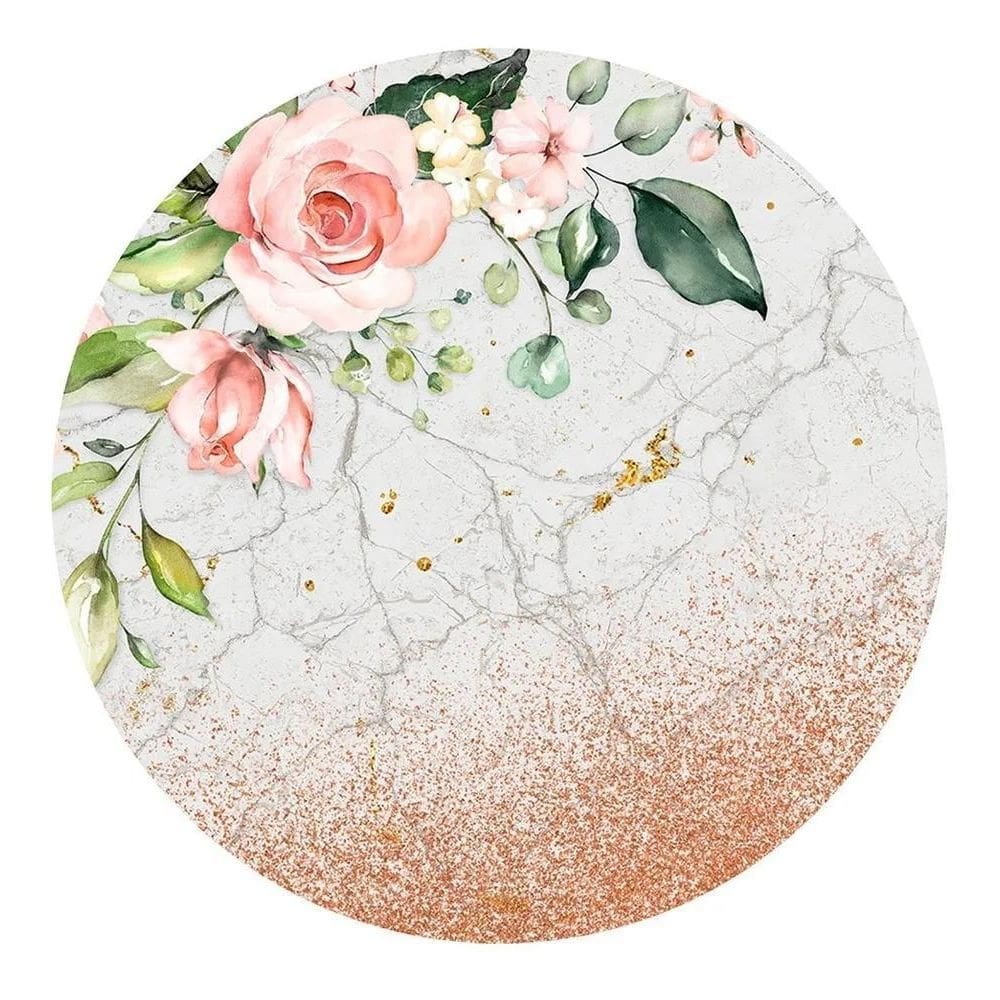 Painel Festa Redondo Sublimado 3D Tecido C/Elás Floral Mármo