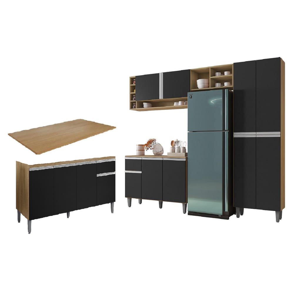 Armário de Cozinha Vanessa com Balcão Tati 150m com Tampo MDP Amêndoa/Preto - AJL