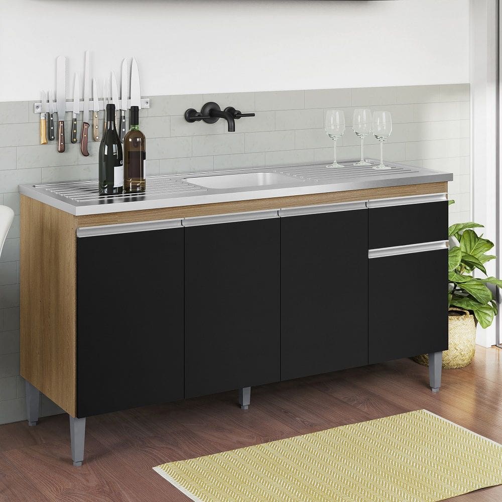 Balcão Gabinete Tatiane 150m Sem Tampo Amêndoa/Preto - AJL