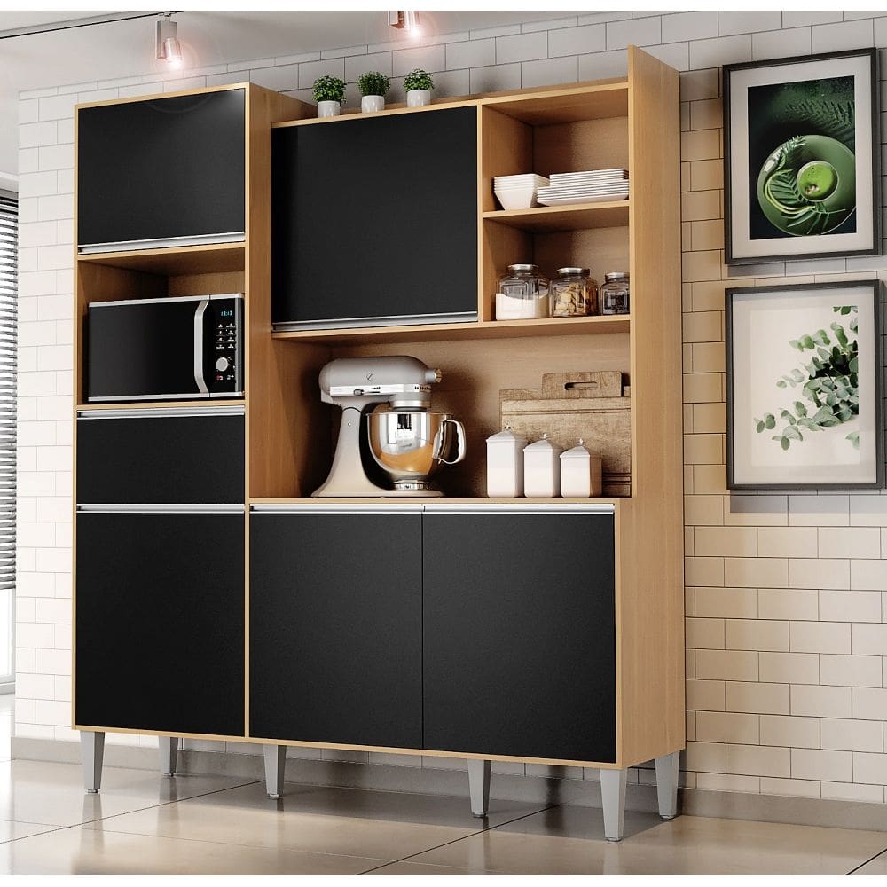 Cozinha Compacta Kit Isabel 5 Portas 1 Gaveta e Nicho P/ Microonda - Amendoa/Preto AJL