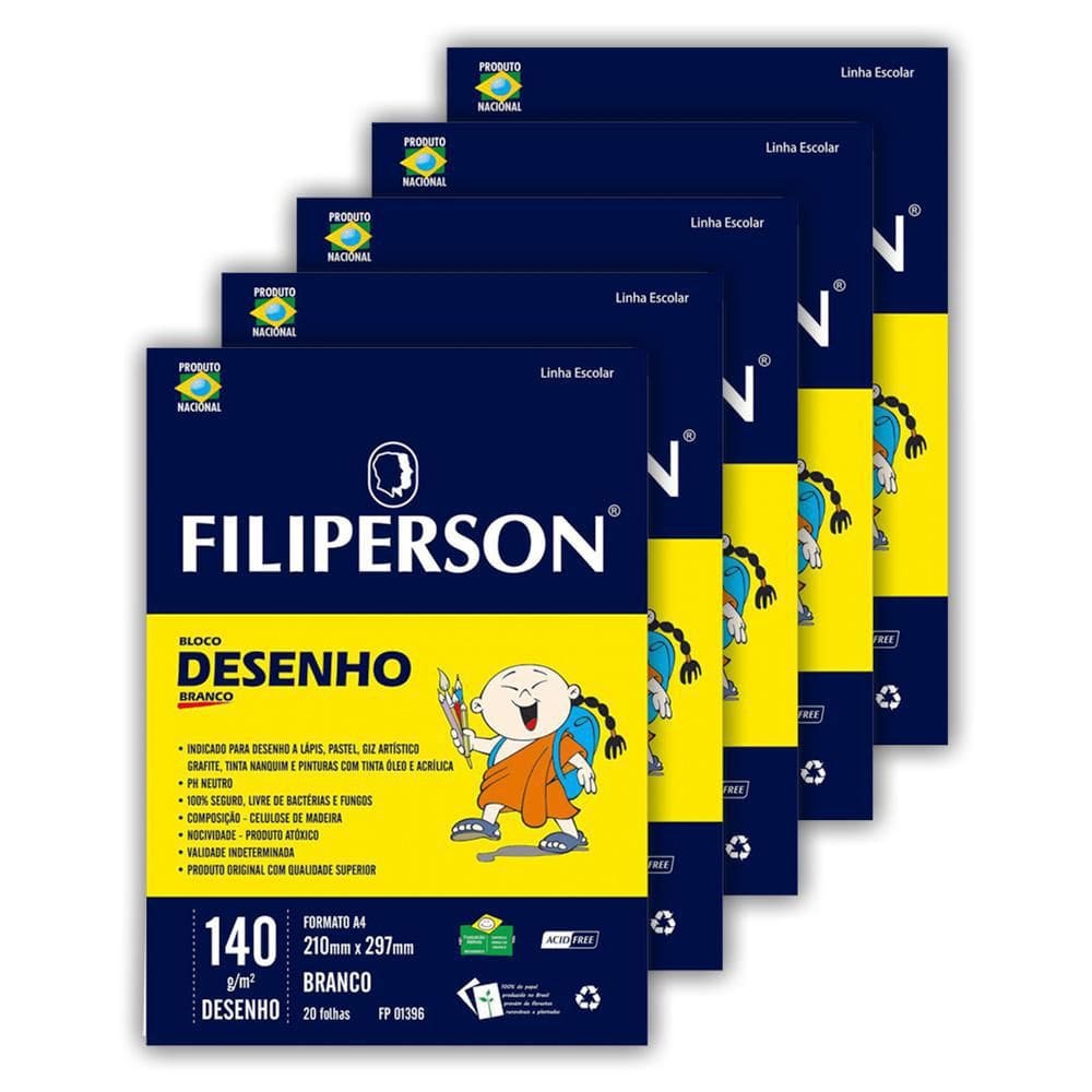 Bloco Desenho A4 Filiperson 140G 20 Folhas Com 5 Blocos