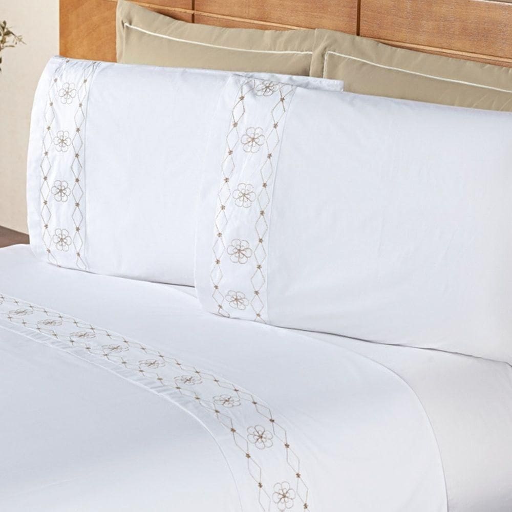 Jogo De Cama Damasco King 4 Peças 100% Poliéster 200 Fios - Branco/bege