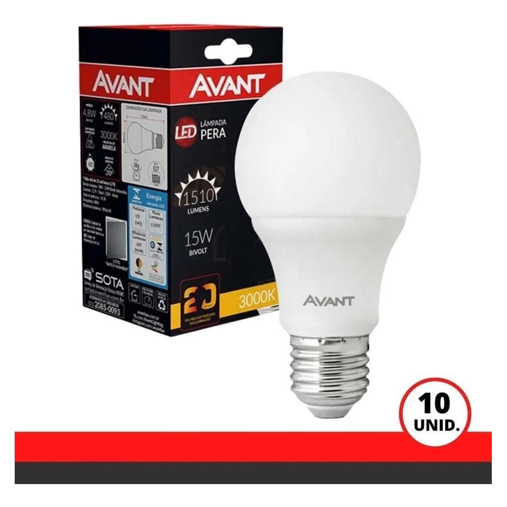 3X Kit 10 Lampadas Led 15W Bulbo Pera 3000K Branco Quente Av