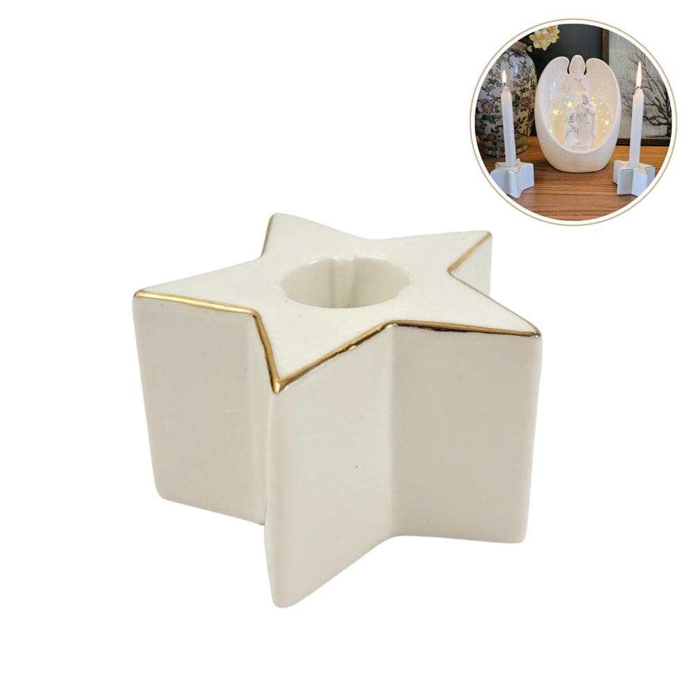 Porta Vela Castiçal Estrela Porcelana Branco Dourado 7Cm