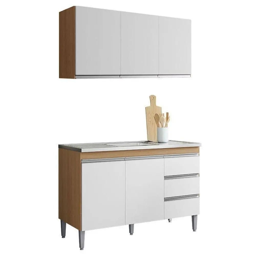 Kit de Cozinha Andréia 120m C/ Aéreo e Balcão Para Pia Sem Tampo - Amendoa/ Branco AJL