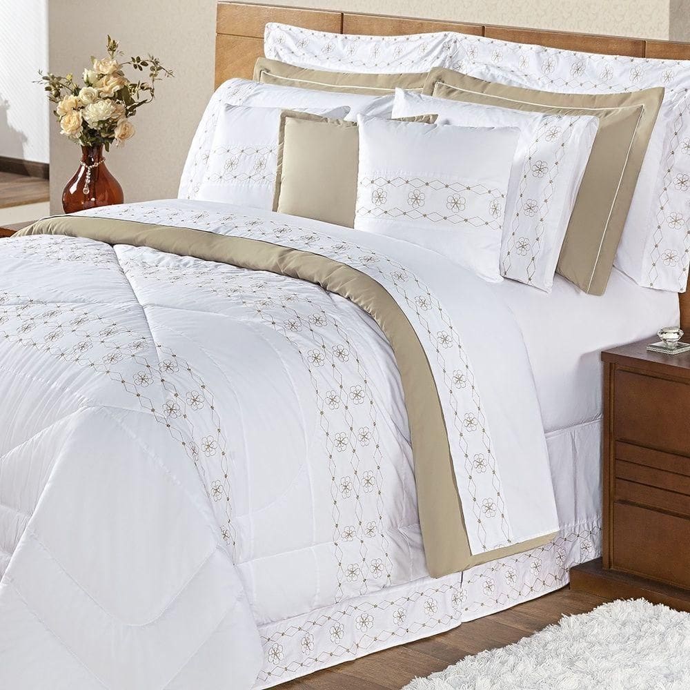 Kit Edredom Damasco King 11 Peças 100% Poliéster 200 Fios - Branco/bege