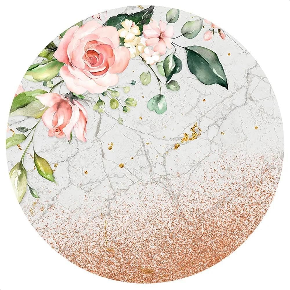 Painel Festa Redondo Sublimado Temático 3D Tec Flores Mármo