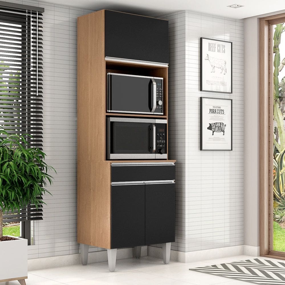 Paneleiro Torre Quente C/ 2 Nichos 3 Portas 1 Gavetas - Amendoa/Preto AJL