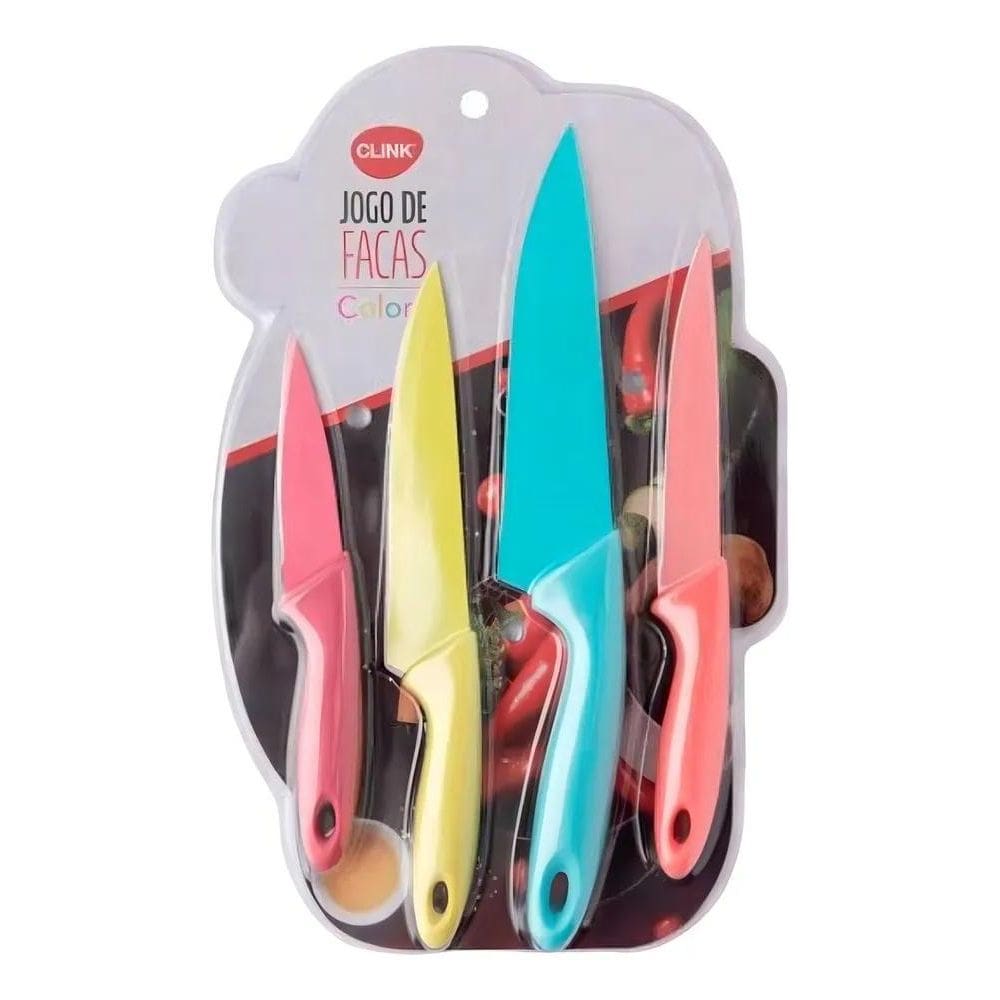 2X Jogo 4 Facas Coloridas Aço Inox E Plástico - Clink Ck 192