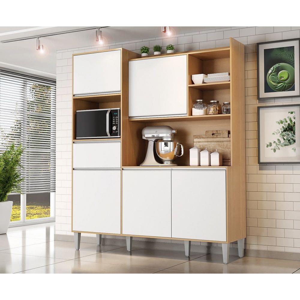 Cozinha Compacta Kit Isabel 5 Portas 1 Gaveta e Nicho P/ Microonda - Amendoa/Branco AJL