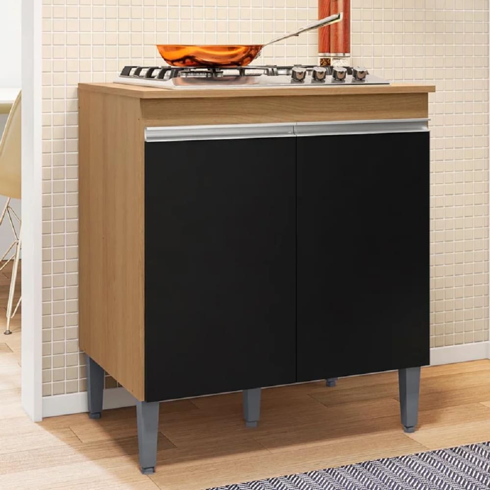 Balcão Para Cooktop Andréia 2 Portas - Amendoa/Preto AJL