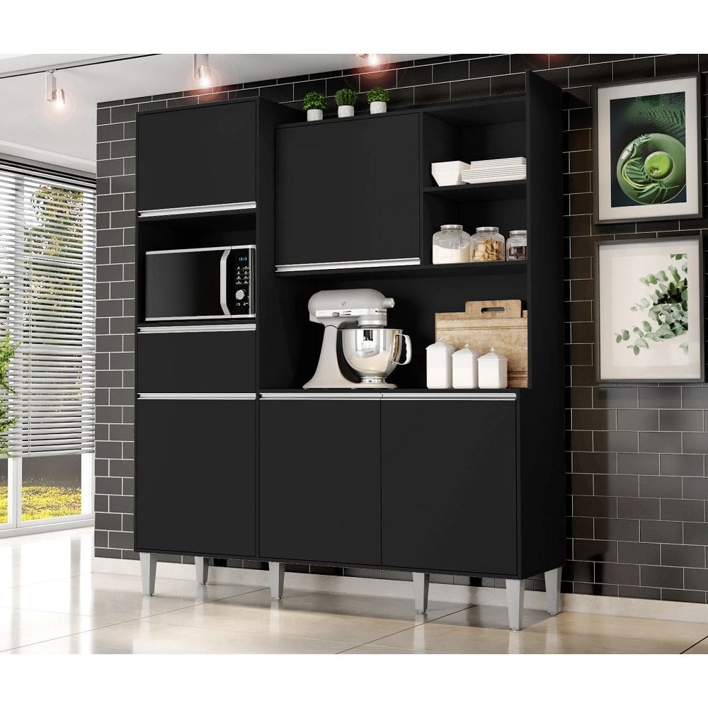Cozinha Compacta Kit Isabel 5 Portas 1 Gaveta e Nicho P/ Microonda - Preto AJL