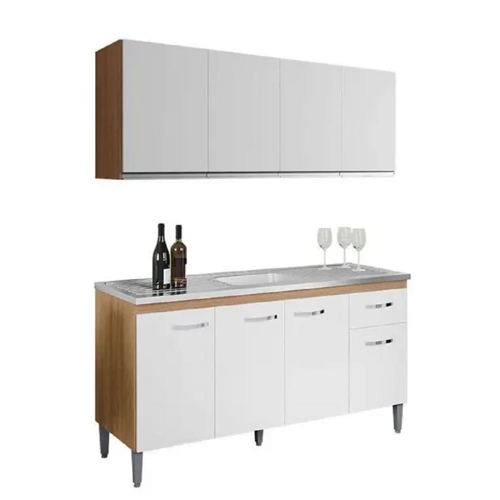 Jogo de Cozinha 150m com Aéreo Andréia e Balcão Gabriela Para Pia Sem Tampo - Amendoa/Branco AJL