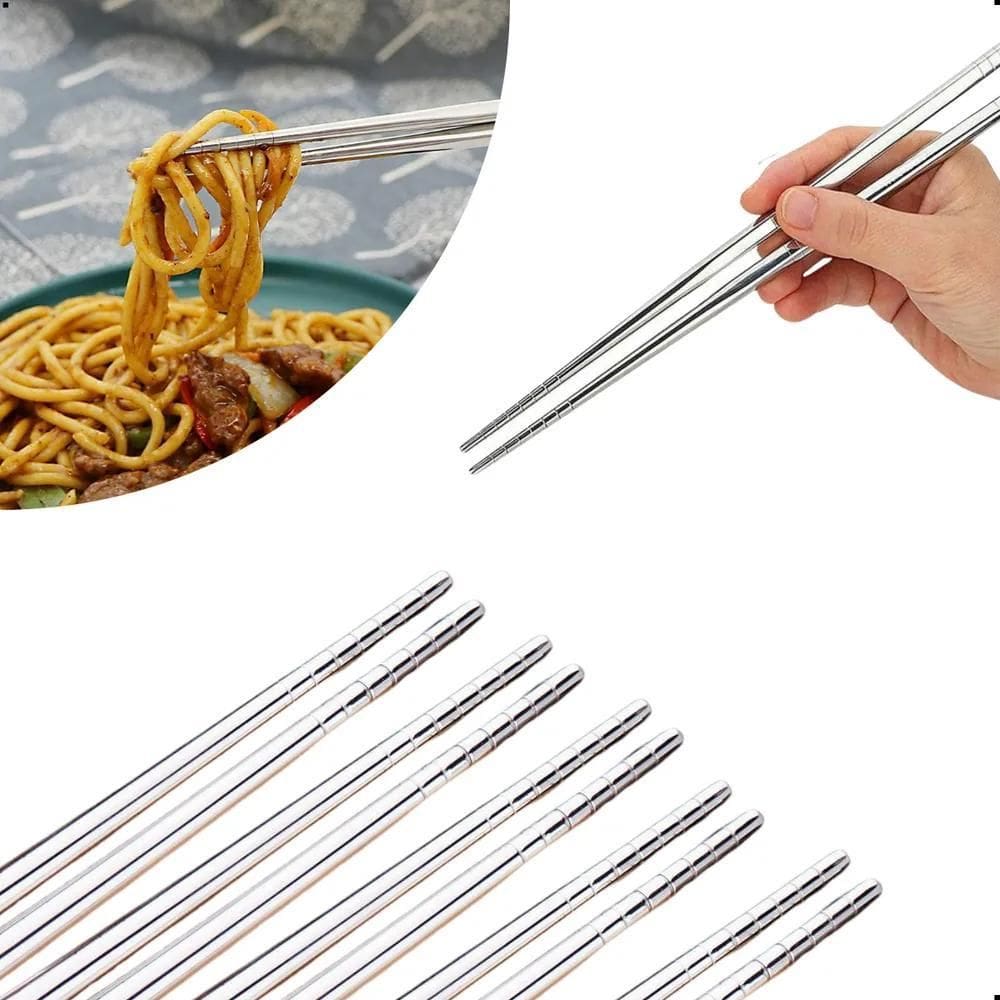 10X Hashis Aço Inox Palito Japonês 22Cm Para Sushi 5X