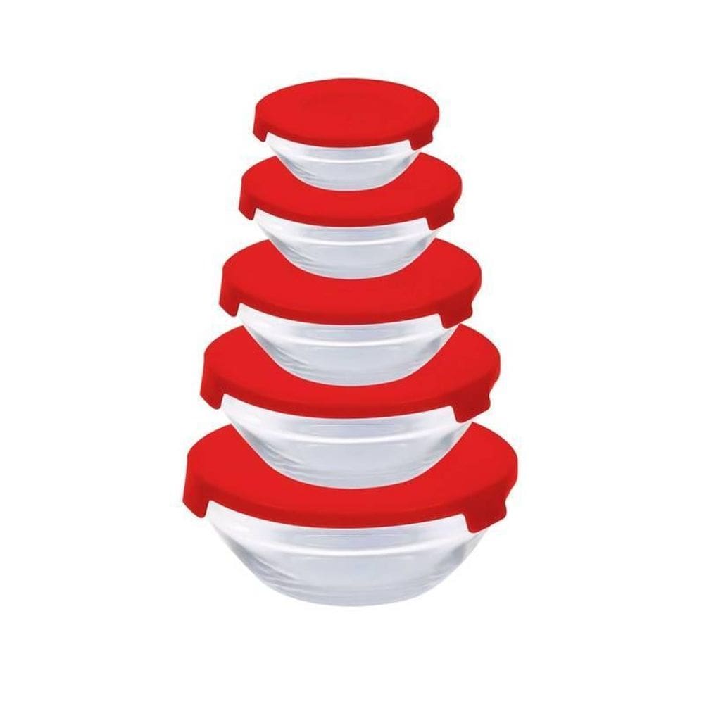 Conjunto Com 5 Potes Redondo De Vidro Com Tampa Vermelha