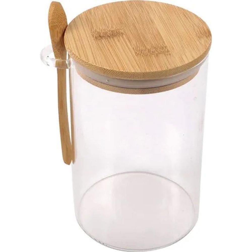 Pote De Vidro Redondo Tampa Bambu Hermético Com Colher 700Ml