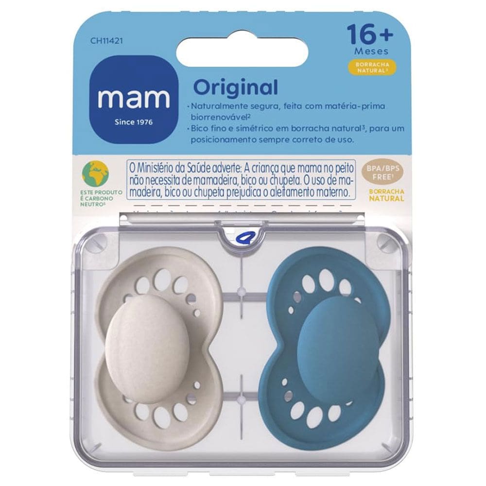Chupeta Mam  Borracha Natural 16+ Meses Branco e Azul com 2 Unidades