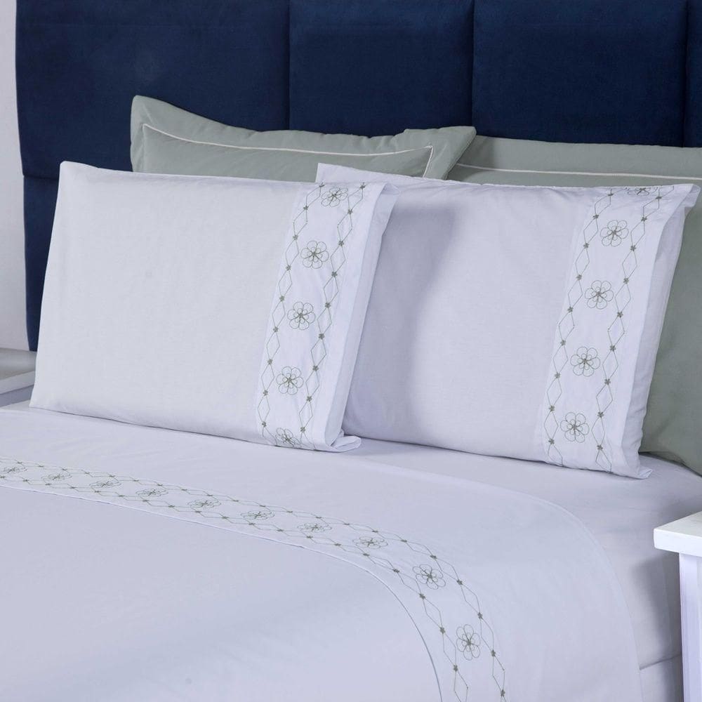 Jogo De Cama Damasco King 4 Peças 100% Poliéster 200 Fios - Branco/cinza