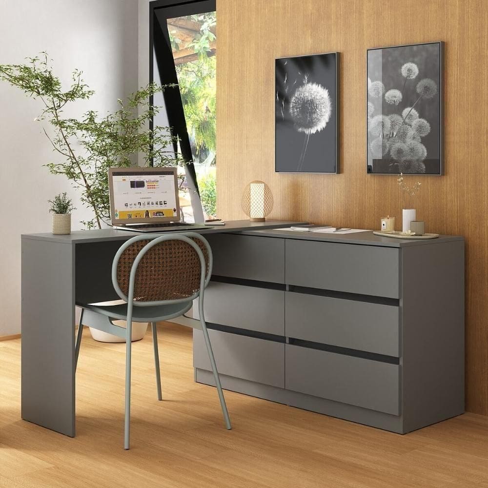 Escrivaninha Em L 120cm Com 6 Gavetas Multimóveis Mp6030 Grafite