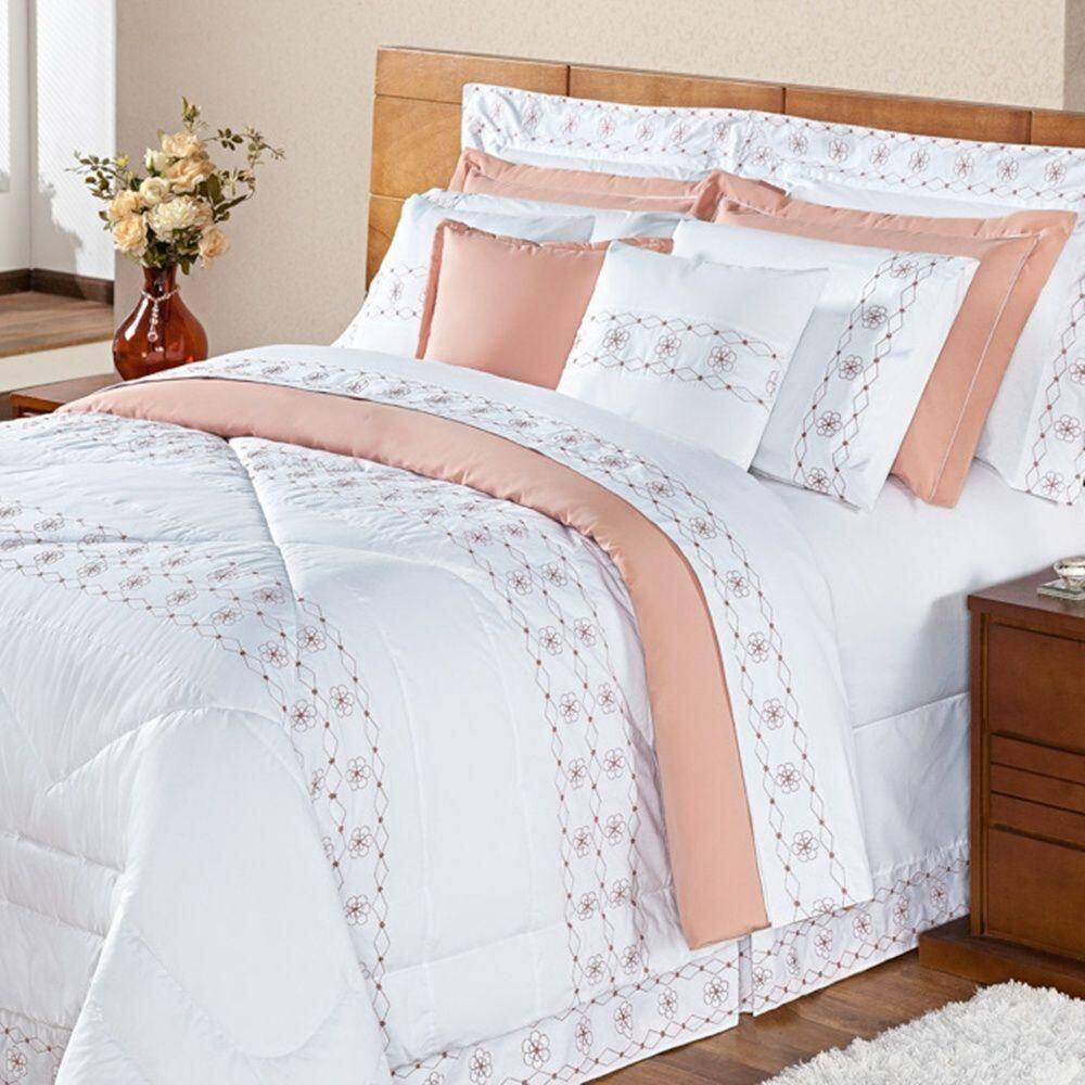 Kit Edredom Damasco Queen 11 Peças 100% Poliéster 200 Fios - Branco/salmao