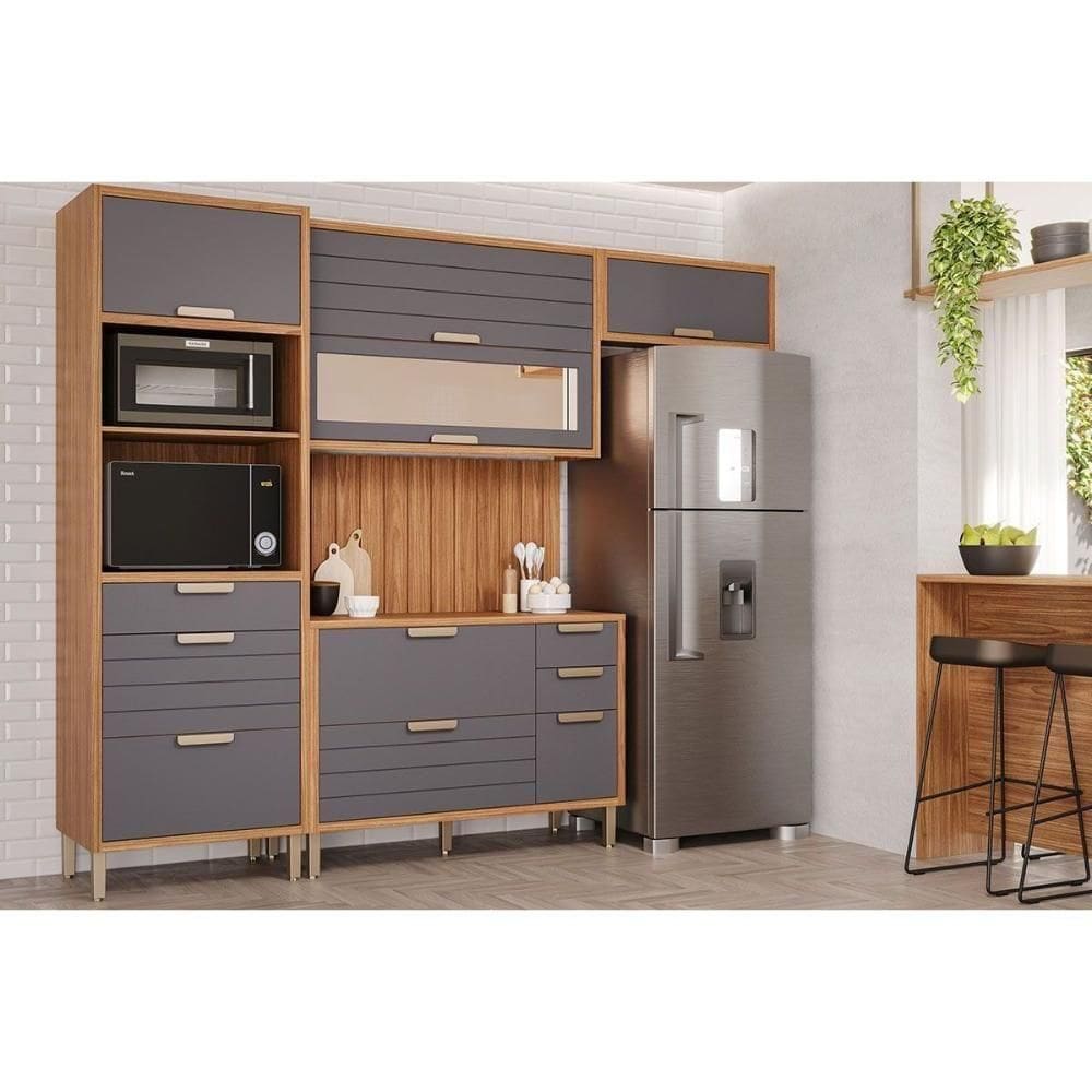 Módulo Cozinha Mgm Eloise 5 Peças (2aéreos+1balcão+1torrequente+1complemento) C5p109 Freijo-titanium-mgm