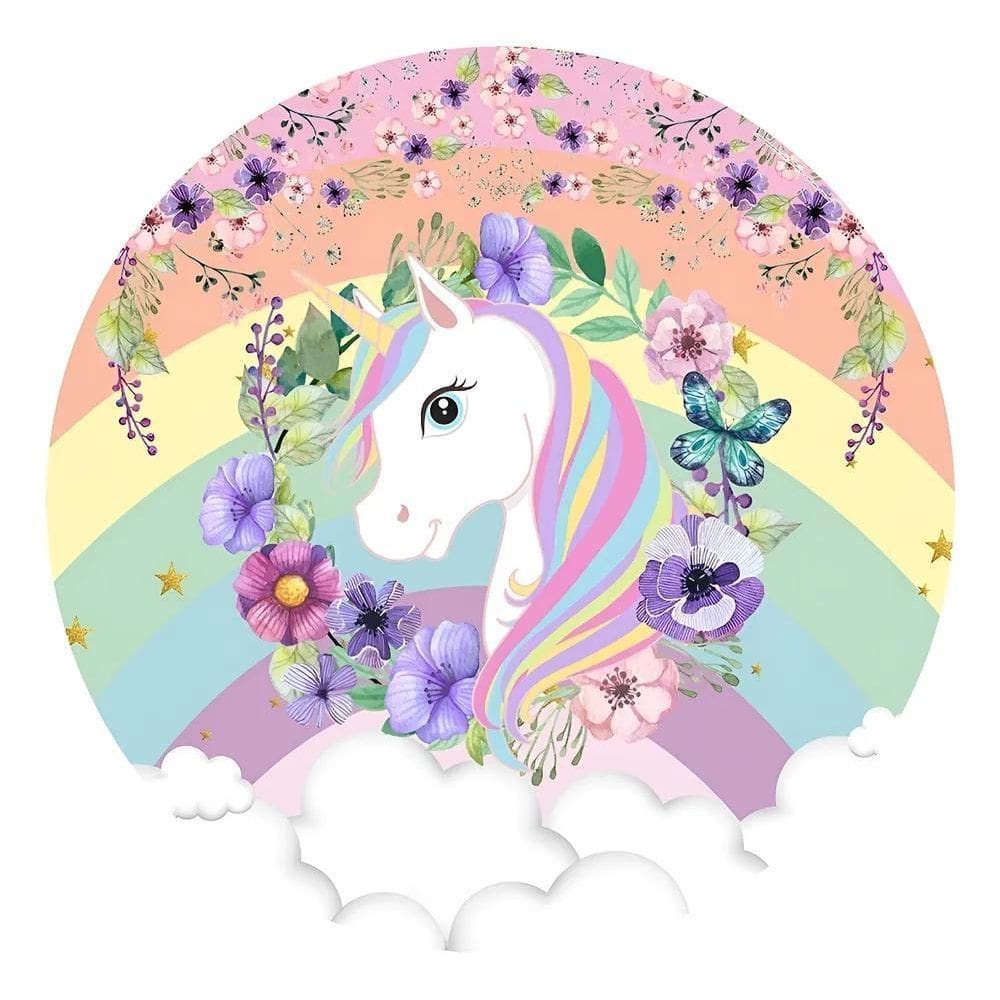 Painel Festa Redondo Sublimado 3D Tecido C/El Unicórnio Flor