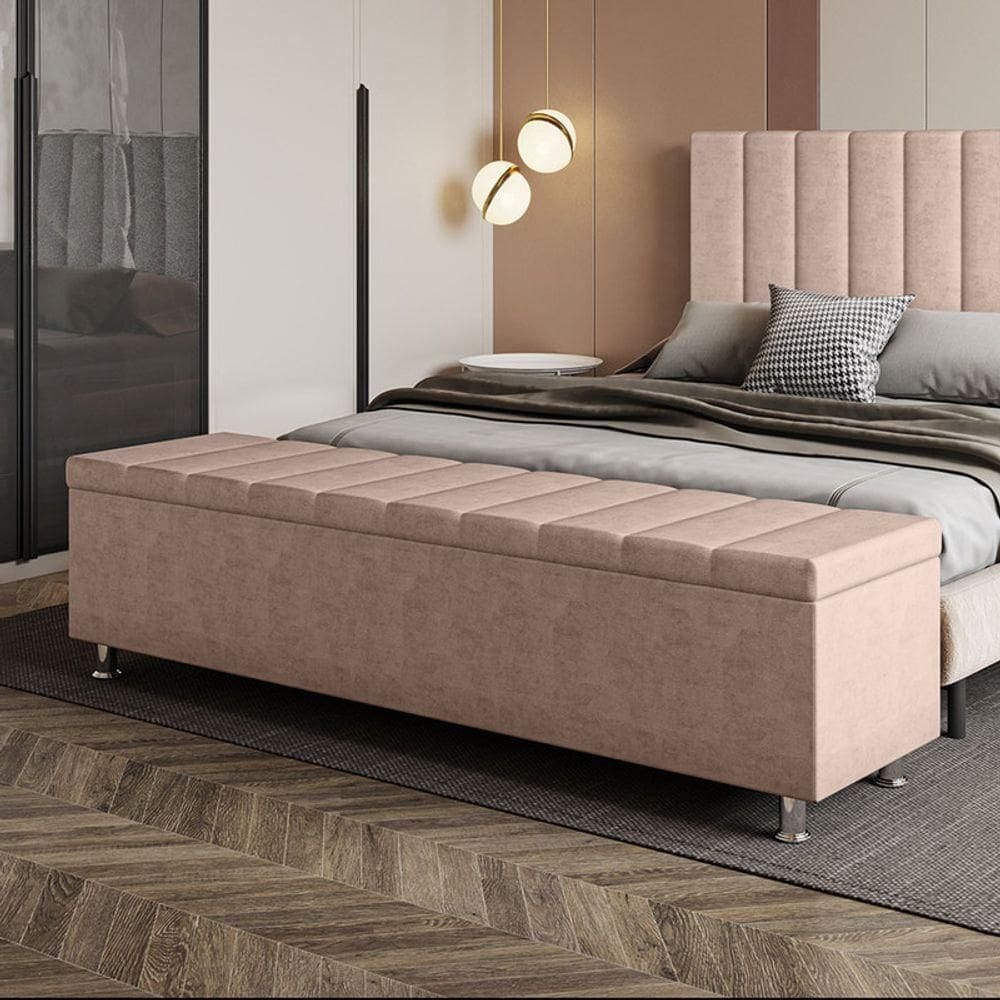 Calçadeira Baú Recamier Estofado Queen 160 Cm ônix Veludo Rose