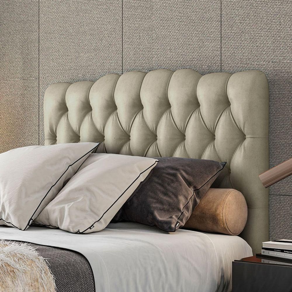Cabeceira Estofada Queen 160 Cm Prisma Veludo Bege