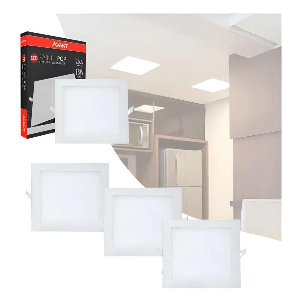 4 Painel Led Plafon 18W Quadrado Embutir 6500K 22X22Cm Biv C
