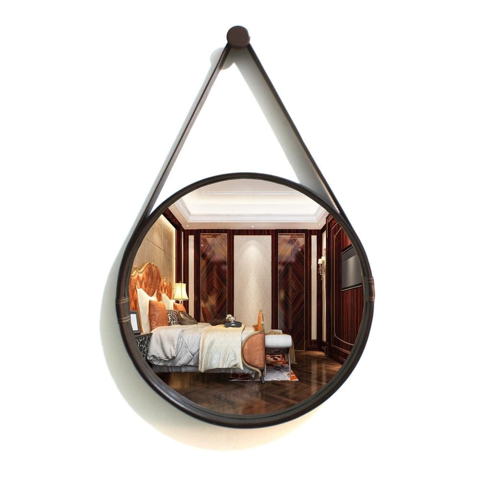 Espelho Redondo Decorativo Moldura Alça De Couro 40Cm Café