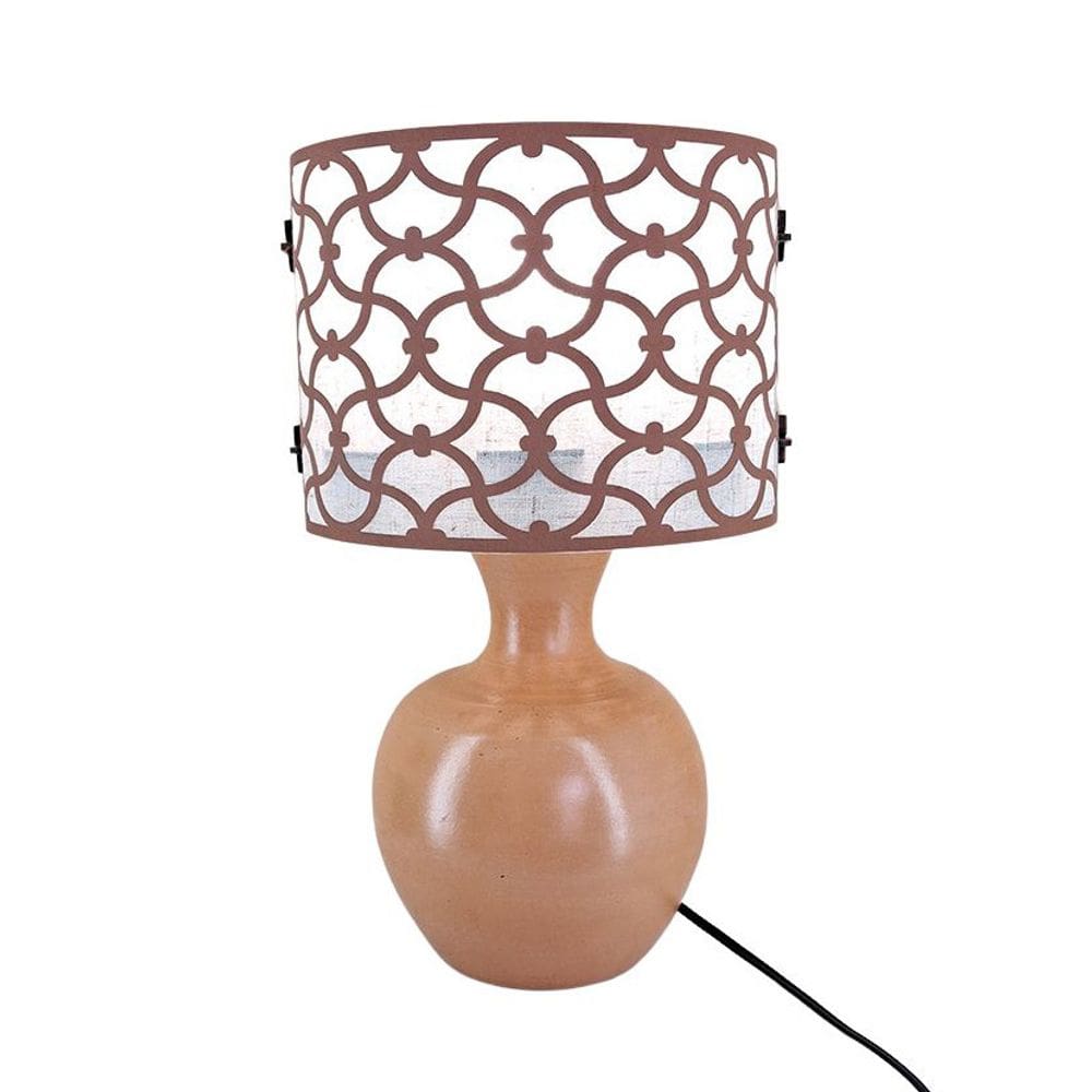 Abajur Base Cerâmica Rústica E Cúpula Linho Bege e Arabescos Marrom
